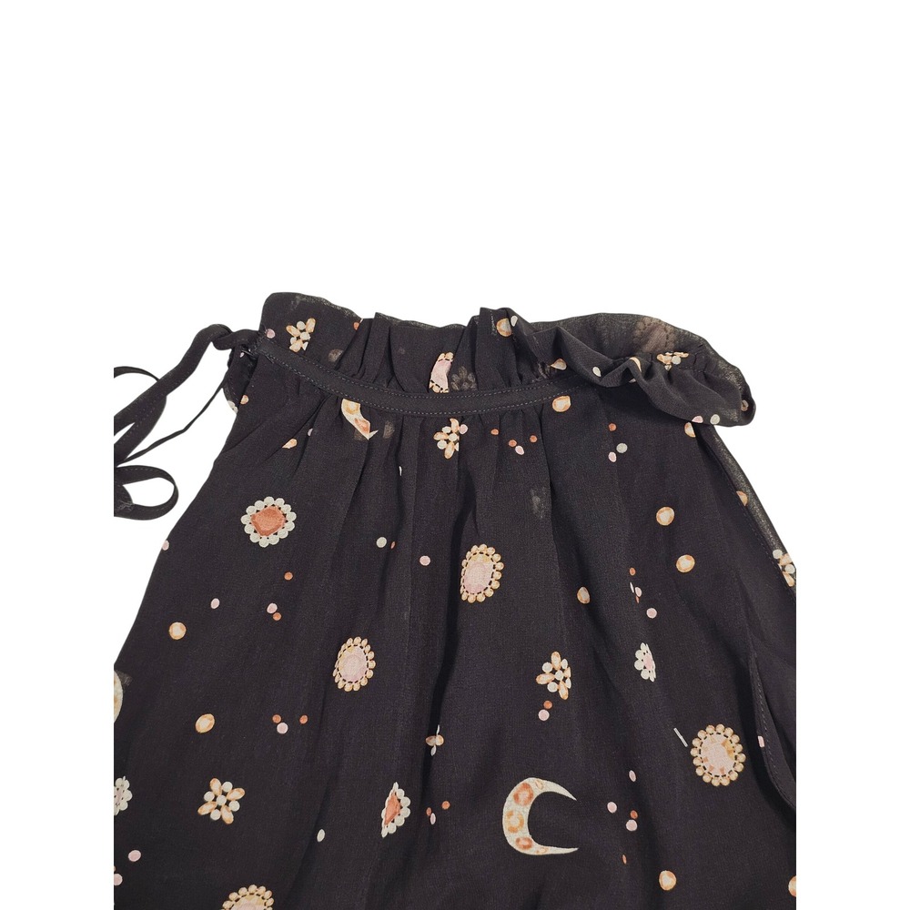 Whimsy Goth Women Black Celestial Moon Floral Halter Ruffle‎ Neck Tie Top Medium